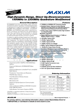 MAX2023 datasheet - High-Dynamic-Range, Direct Up-/Downconversion 1500MHz to 2300MHz Quadrature Mod/Demod