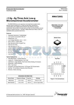 MMA7260QR2 datasheet - 1.5g - 6g Three Axis Low-g  Micromachined Accelerometer