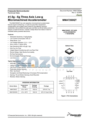 MMA7260QR2 datasheet - a1.5g - 6g Three Axis Low-g Micromachined Accelerometer