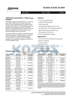 EL5224ILZ datasheet - 12MHz Rail-to-Rail Buffers  100mA VCOM Amplifier