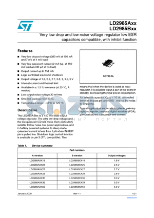 LD2985AXX datasheet - Very low drop and low noise voltage regulator low ESR capacitors compatible, with inhibit function