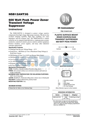 NSB12ANT3G datasheet - 600 Watt Peak Power Zener Transient Voltage Suppressor