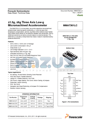 MMA7361LCR2 datasheet - a1.5g, a6g Three Axis Low-g Micromachined Accelerometer