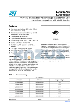 LD2985AXX27 datasheet - Very low drop and low noise voltage regulator low ESR capacitors compatible, with inhibit function