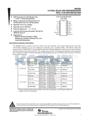 MAX202IDWR datasheet - 5-V DUAL RS-232 LINE DRIVER/RECEIVER WITH -15KV ESD PROTECTION