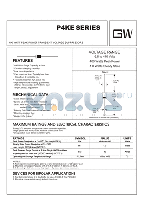 P4KE22 datasheet - 400 WATT PEAK POWER TRANSIENT VOLTAGE SUPPRESSORS