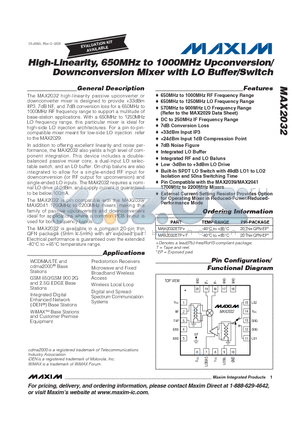 MAX2032 datasheet - High-Linearity, 650MHz to 1000MHz Upconversion/Downconversion Mixer with LO Buffer/Switch