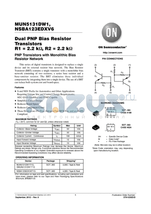 NSBA123EDXV6 datasheet - Dual PNP Bias Resistor Transistors R1 = 2.2 k, R2 = 2.2 k