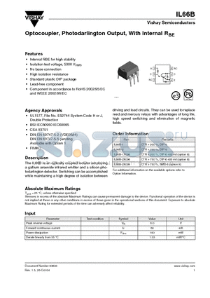 IL66B datasheet - Optocoupler, Photodarlington Output, With Internal RBE