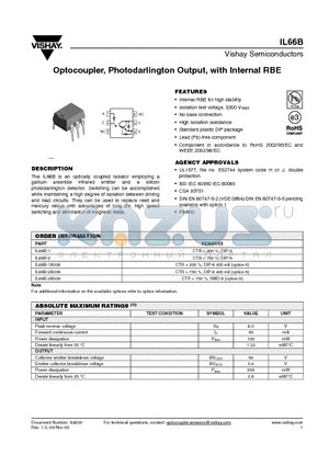 IL66B datasheet - Optocoupler, Photodarlington Output, with Internal RBE