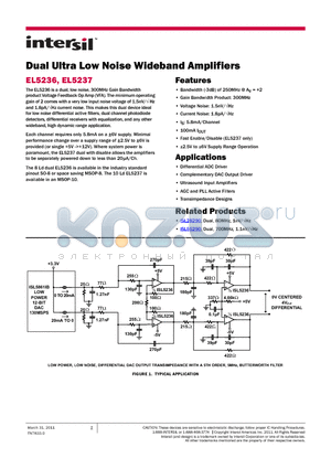 EL5236 datasheet - Dual Ultra Low Noise Wideband Amplifiers Voltage Noise: 1.5nV/Hz