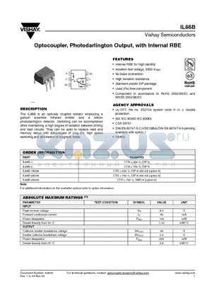 IL66B-2X009 datasheet - Optocoupler, Photodarlington Output, with Internal RBE