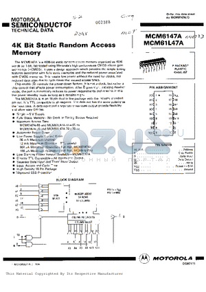 MCM6147A-70 datasheet - 4K BIT STATIC RANDOM ACCESS MEMORY