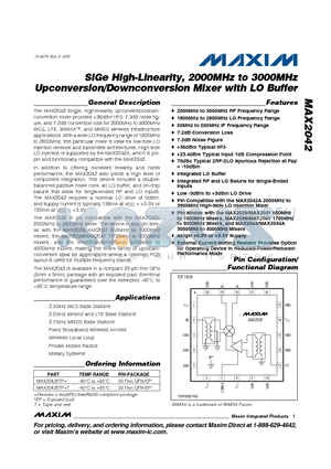 MAX2042ETP+ datasheet - SiGe High-Linearity, 2000MHz to 3000MHz Upconversion/Downconversion Mixer with LO Buffer