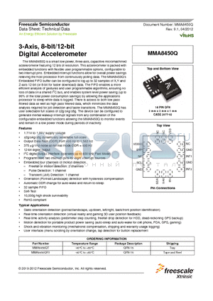 MMA8450QR1 datasheet - 3-Axis, 8-bit/12-bit Digital Accelerometer