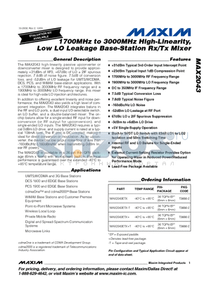 MAX2043ETX datasheet - 1700MHz to 3000MHz High-Linearity, Low LO Leakage Base-Station Rx/Tx Mixer