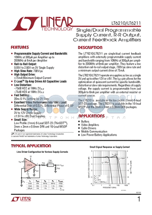 LT6211CMS datasheet - Single/Dual Programmable Supply Current, R-R Output, Current Feedback Amplifiers