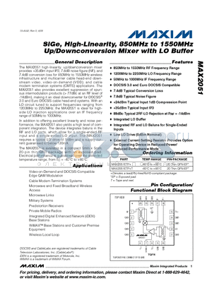MAX2051ETP+ datasheet - SiGe, High-Linearity, 850MHz to 1550MHz Up/Downconversion Mixer with LO Buffer