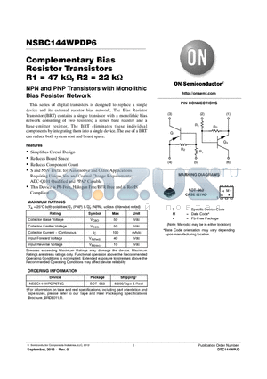 NSBC144WPDP6 datasheet - Complementary Bias Resistor Transistors R1 = 47 k, R2 = 22 k