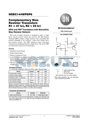 NSBC144WPDP6T5G datasheet - Complementary Bias Resistor Transistors R1 = 47 k, R2 = 22 k
