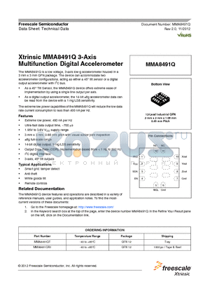 MMA8491Q datasheet - Xtrinsic MMA8491Q 3-Axis Multifunction Digital Accelerometer