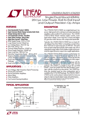 LT6221CS8 datasheet - Single/Dual/Quad 60MHz, 20V/us, Low Power, Rail-to-Rail Input and Output Precision Op Amps