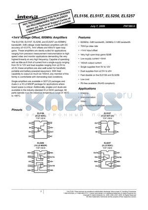 EL5256IY-T13 datasheet - 1mV Voltage Offset, 600MHz Amplifiers