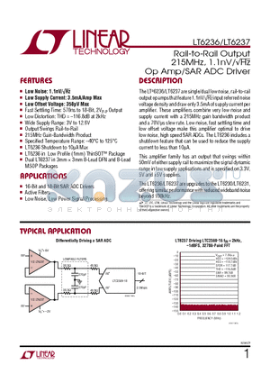 LT6230 datasheet - Rail-to-Rail Output 215MHz, 1.1nV/Hz Op Amp/SAR ADC Driver