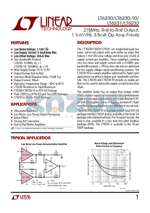 LT6231CS8 datasheet - 215MHz, Rail-to-Rail Output, 1.1nV/ root  Hz, 3.5mA Op Amp Family