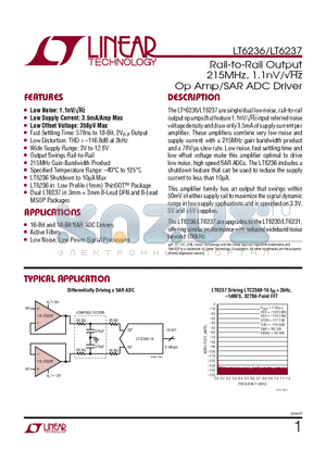 LT6236 datasheet - Rail-to-Rail Output 215MHz, 1.1nV/Hz Op Amp/SAR ADC Driver