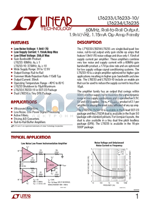 LT6235IGN datasheet - 60MHz, Rail-to-Rail Output, 1.9nV / SIGME Hz, 1.15mA Op Amp Family