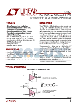 LT6301 datasheet - Dual 500mA, Differential xDSL Line Driver in 28-Lead TSSOP Package