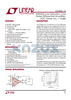LT6402-12 datasheet - 300MHz Low Distortion, Low Noise Differential Amplifi er/ ADC Driver (AV = 12dB)