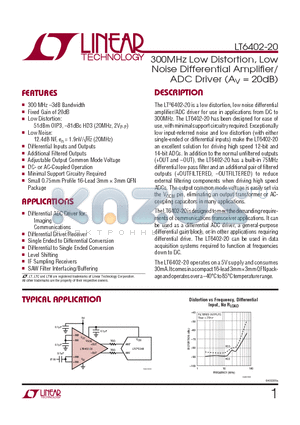 LT6402CUD-20 datasheet - 300MHz Low Distortion, Low Noise Differential Amplifier/ ADC Driver (AV = 20dB)