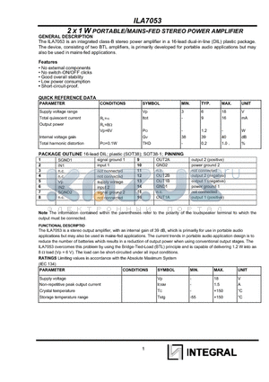 ILA7053 datasheet - 2 X 1 W PORTABLE/MAINS-FED STEREO POWER AMPLIFIER