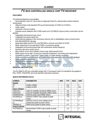 ILA8842 datasheet - I2C BUS CONTROLLED SINGLE CHIP TV-RECEIVER