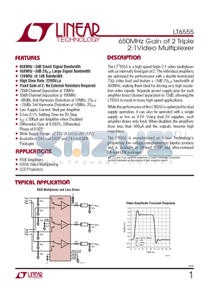 LT6555 datasheet - 650MHz Gain of 2 Triple 2:1Video Multiplexer