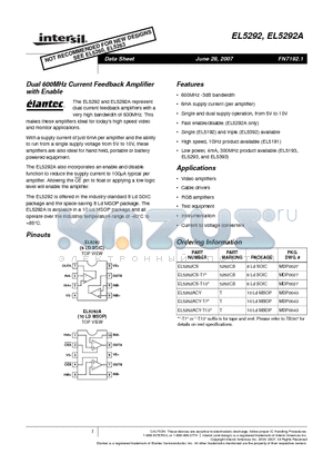 EL5292 datasheet - Dual 600MHz Current Feedback Amplifier with Enable