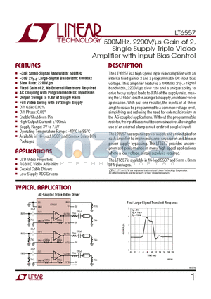 LT6557IGN datasheet - 500MHz, 2200V/ls Gain of 2, Single Supply Triple Video Amplifi er with Input Bias Control