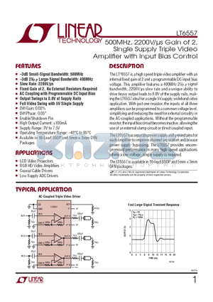 LT6557CDHC datasheet - 500MHz, 2200V/ls Gain of 2, Single Supply Triple Video Amplifi er with Input Bias Control