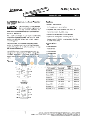 EL5292ACY-T7 datasheet - Dual 600MHz Current Feedback Amplifier with Enable