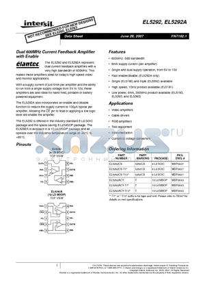 EL5292ACY-T7 datasheet - Dual 600MHz Current Feedback Amplifier with Enable