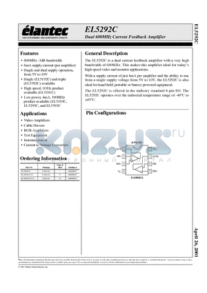 EL5292C datasheet - Dual 600MHz Current Feedback Amplifier