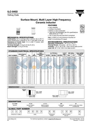 ILC0402ER1N2S datasheet - Surface Mount, Multi Layer High Frequency Ceramic Inductor