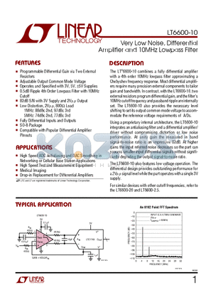 LT6600-10 datasheet - Very Low Noise, Differential Amplifier and 10MHz Lowpass Filter