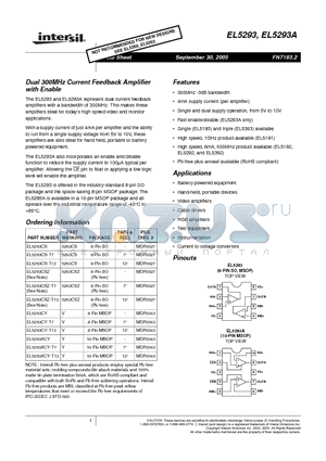 EL5293A datasheet - Dual 300MHz Current Feedback Amplifier with Enable
