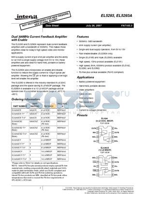 EL5293A datasheet - Dual 300MHz Current Feedback Amplifier with Enable