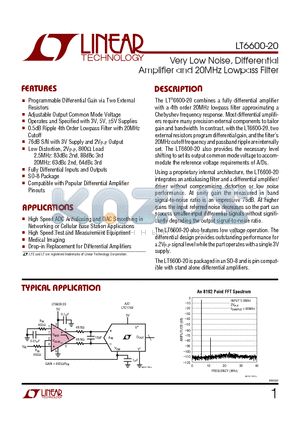 LT6600CS8-20 datasheet - Very Low Noise, Differential Amplifier and 20MHz Lowpass Filter