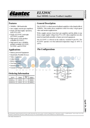 EL5293 datasheet - Dual 300MHz Current Feedback Amplifier