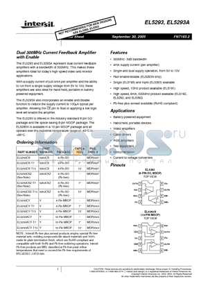 EL5293CSZ-T13 datasheet - Dual 300MHz Current Feedback Amplifier with Enable